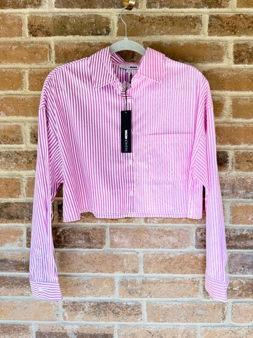 Fashion Nova Pink and White Striped Cropped Button-Up Blouse